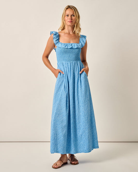 Johnnie-O Mira Smocked Midi Dress, Maliblu