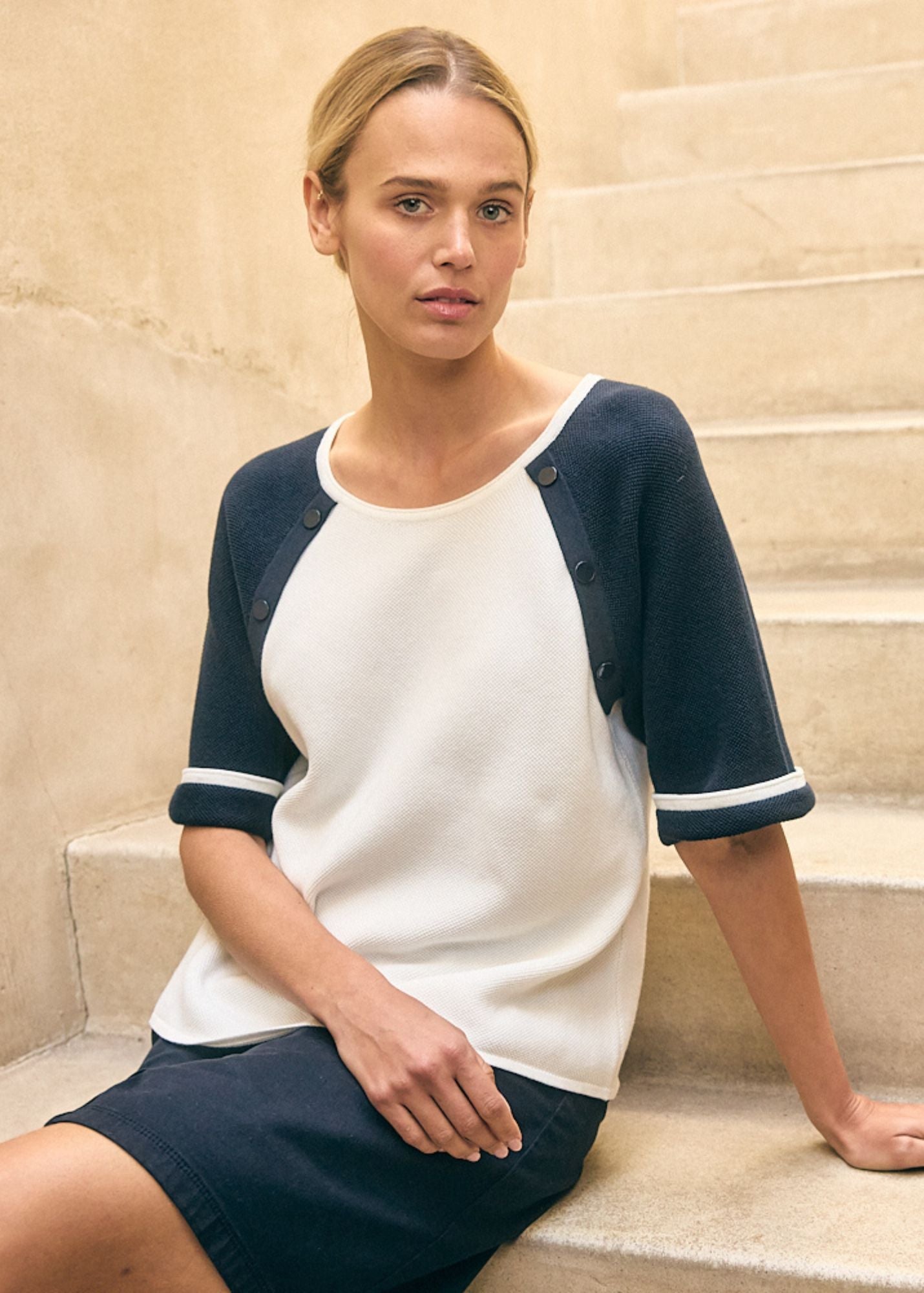 Saint James Traversee Fancy Knit Cotton T Shirt By Isabelle Ballu 100% Cotton Ivory Navy