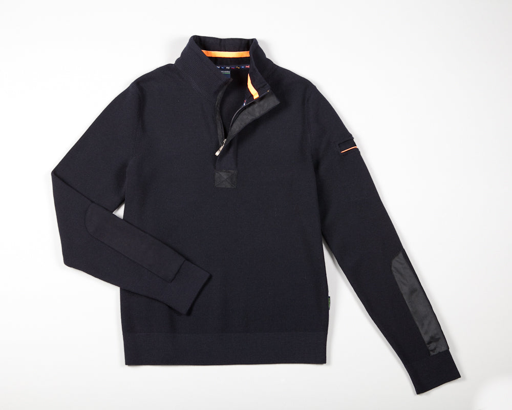 Saint James LOUP DE MER II - Quarter Zip Sweater with Forearm Canvas Trim For Men| 100% Wool (NAVY)