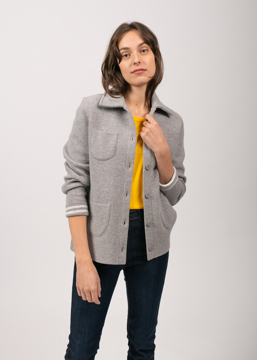 Saint James NASHVILLE - Short Buttoned Jacket with Patch Pockets for Women (LIGHT GREY / WINTER WHITE)