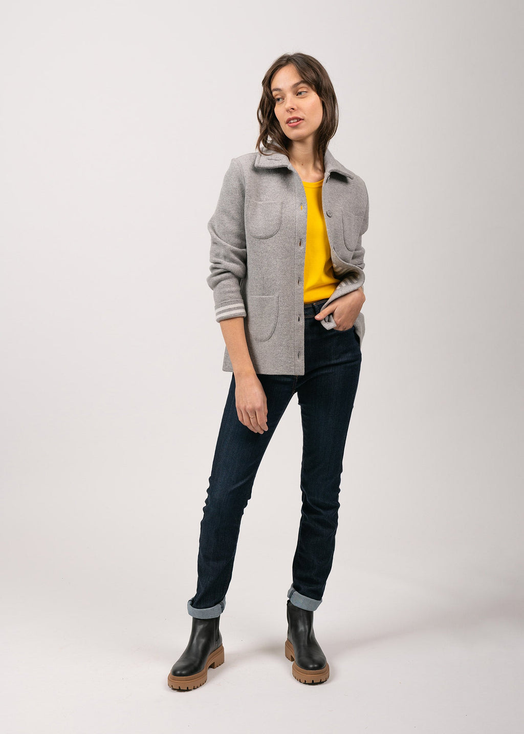 Saint James NASHVILLE - Short Buttoned Jacket with Patch Pockets for Women (LIGHT GREY / WINTER WHITE)