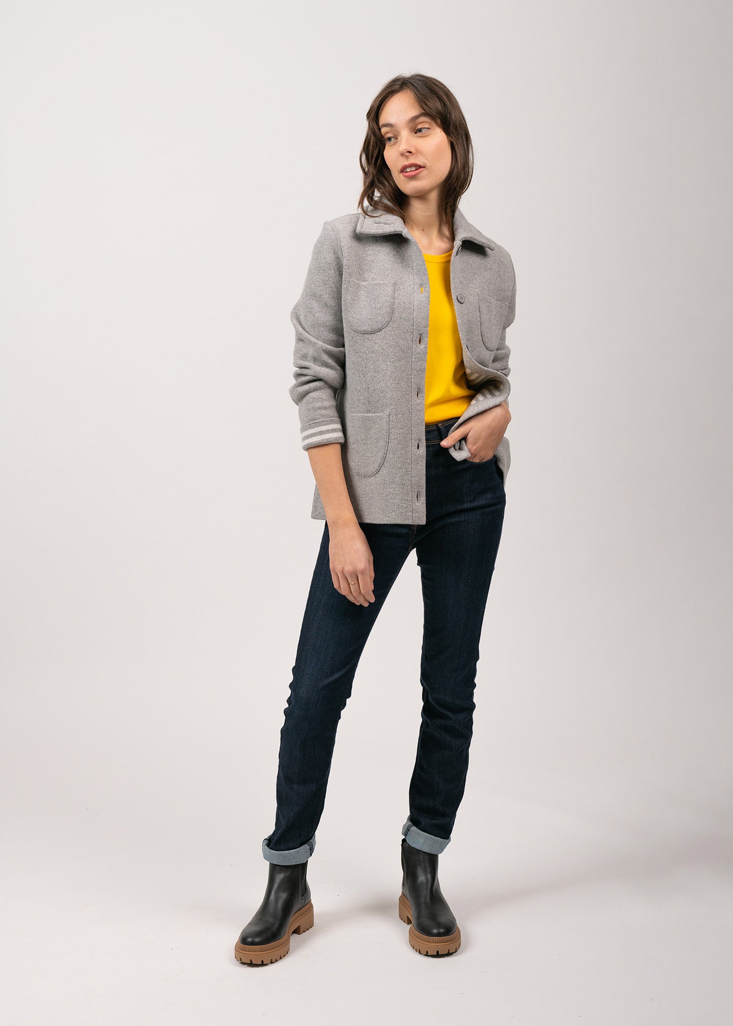 Saint James NASHVILLE - Short Buttoned Jacket with Patch Pockets for Women (LIGHT GREY / WINTER WHITE)