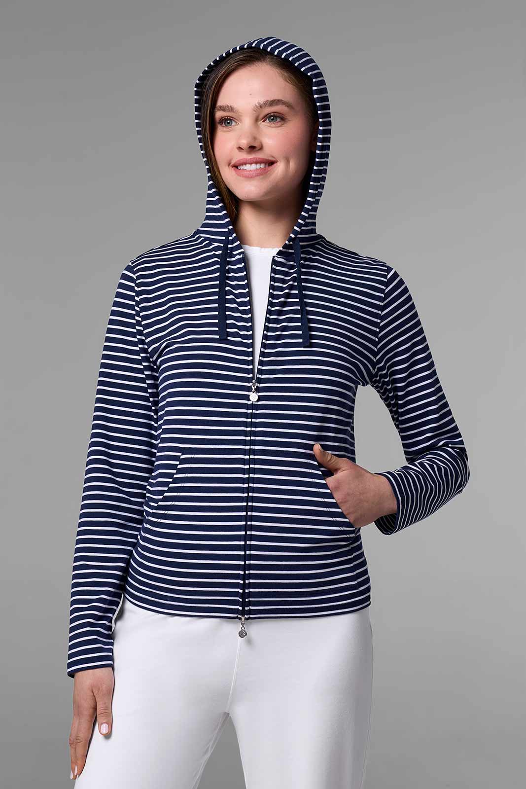 Seaside | Women's Zip-Up Hoodie | Navy/White Stripe