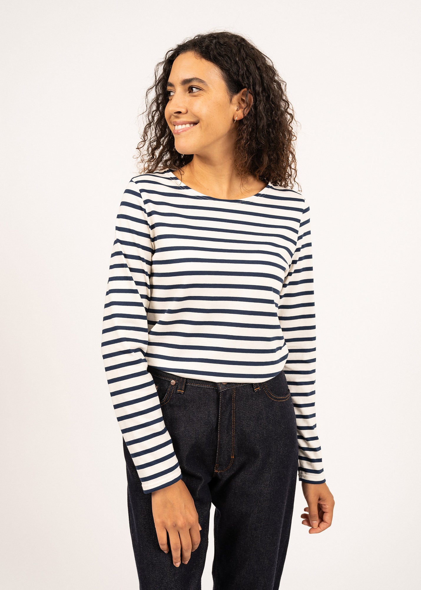 Saint James MINQUIDAME - Breton Striped Shirt with Long Sleeve | Soft Cotton | Women Fit (ECRU / NAVY)