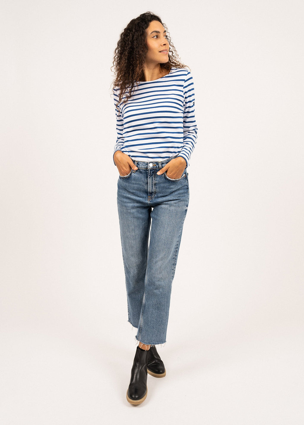 Saint James MINQUIDAME - Breton Striped Shirt with Long Sleeve | Soft Cotton | Women Fit (WHITE / ROYAL BLUE)
