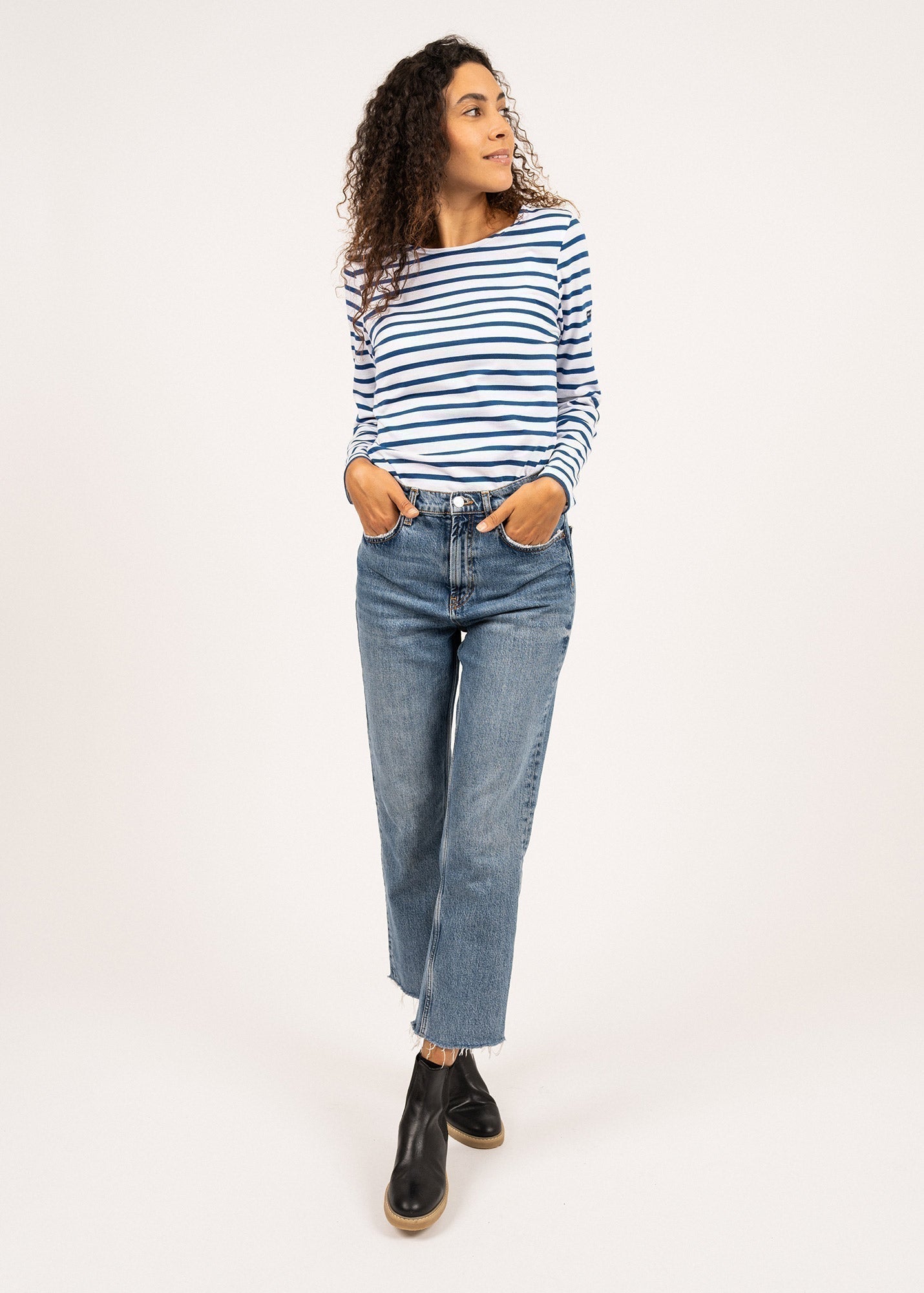 Saint James Minquidame Breton Striped Shirt With Long Sleeve Soft Cotton Women Fit White Royal Blue