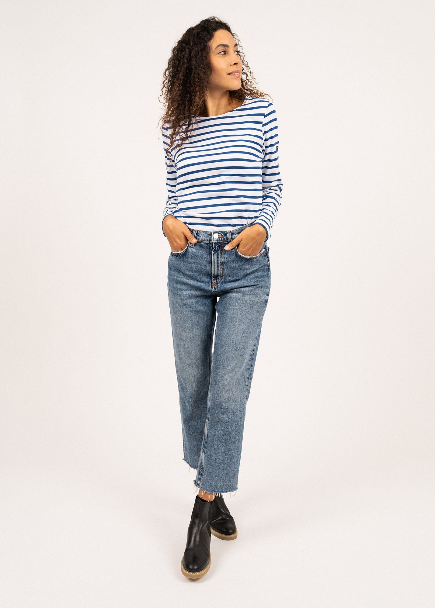 Saint James MINQUIDAME - Breton Striped Shirt with Long Sleeve | Soft Cotton | Women Fit (WHITE / ROYAL BLUE)
