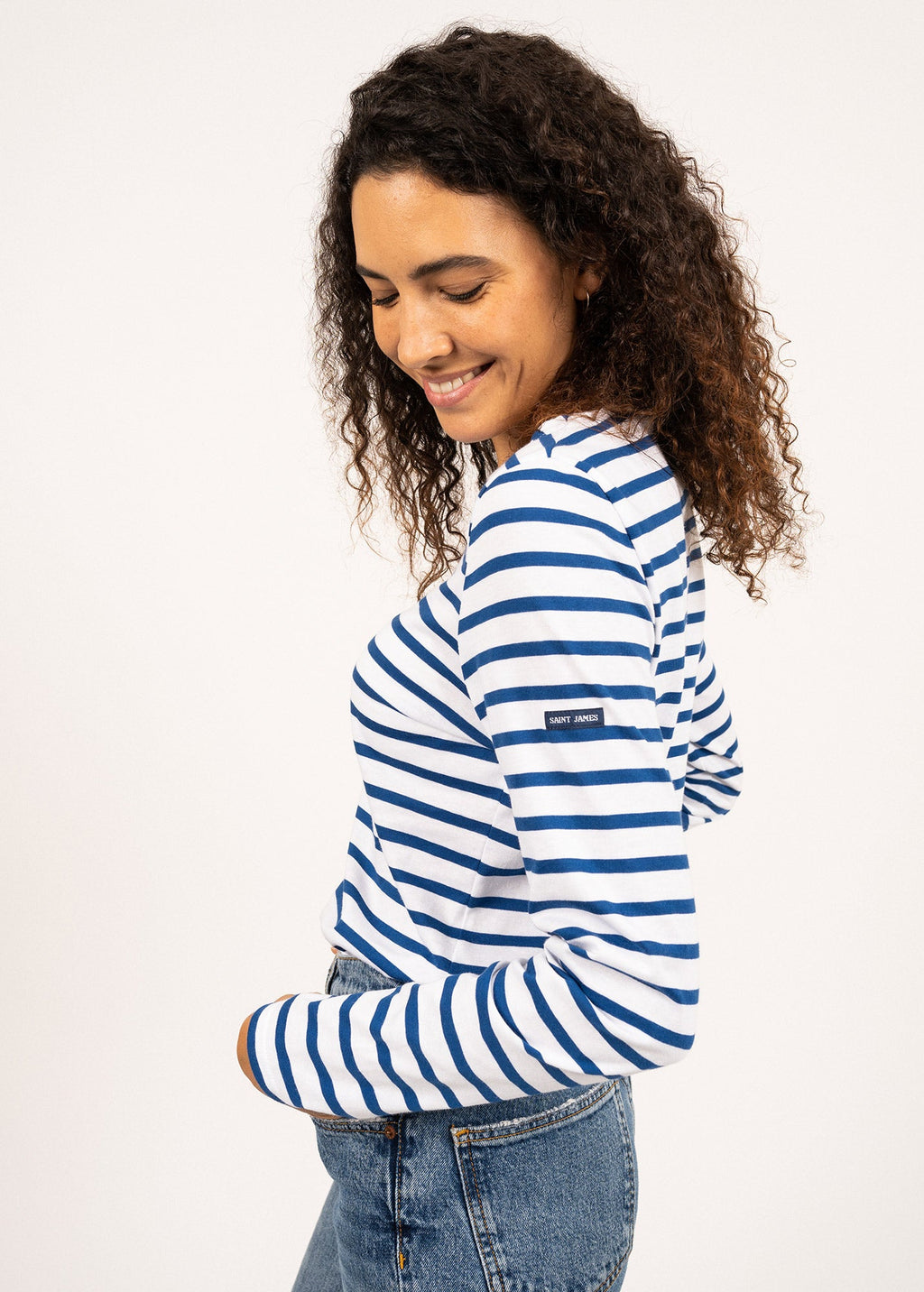 Saint James MINQUIDAME - Breton Striped Shirt with Long Sleeve | Soft Cotton | Women Fit (WHITE / ROYAL BLUE)