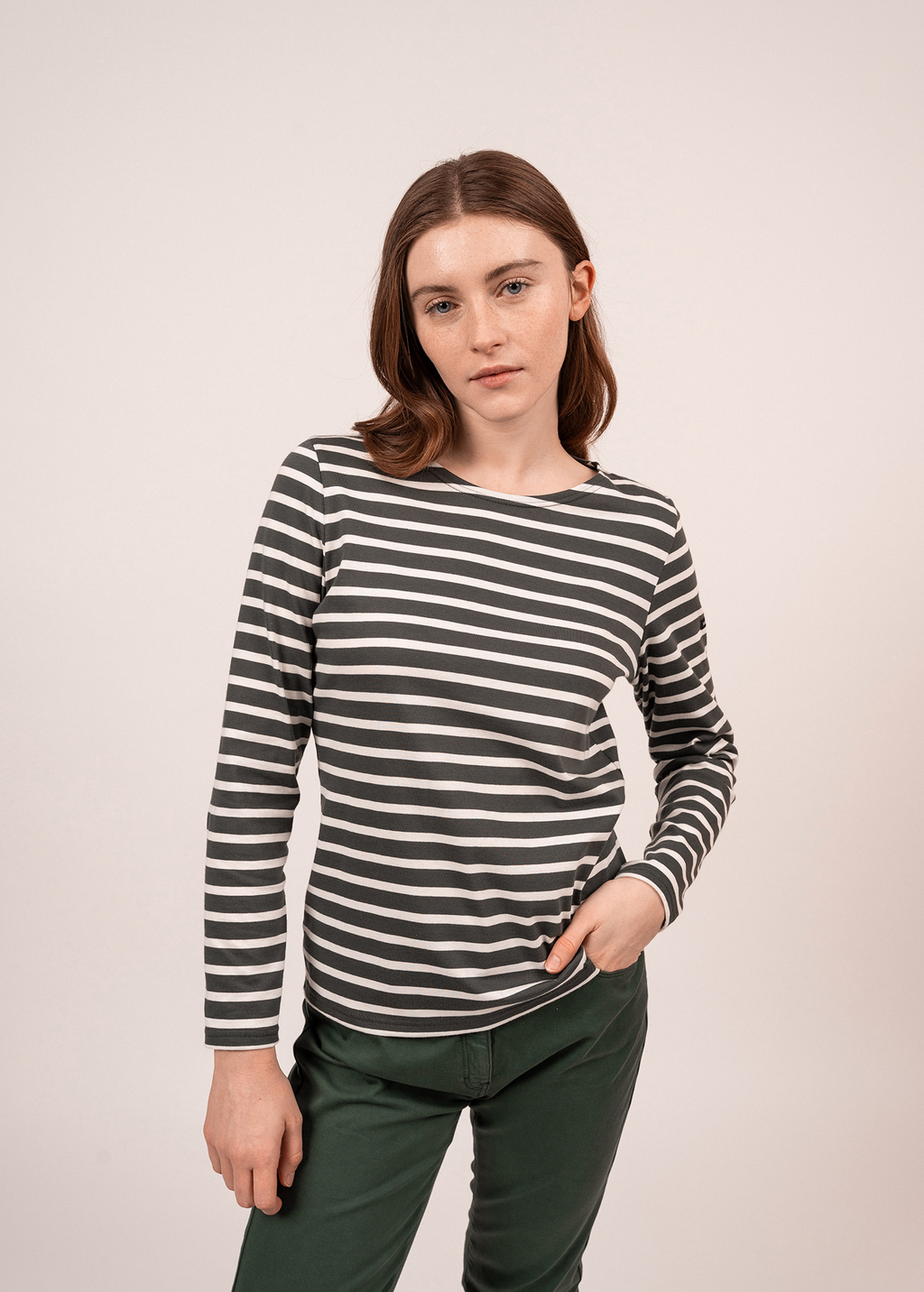 Saint James MINQUIDAME - Breton Striped Shirt with Long Sleeve | Soft Cotton | Women Fit (CHARCOAL / ECRU)