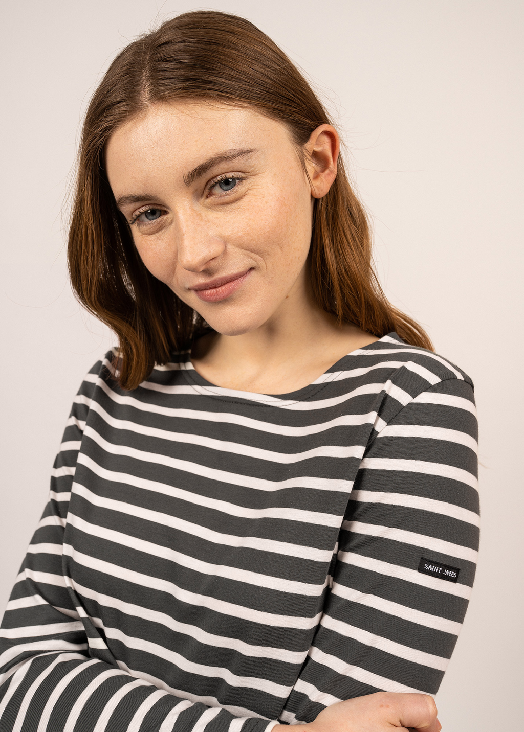 Saint James MINQUIDAME - Breton Striped Shirt with Long Sleeve | Soft Cotton | Women Fit (CHARCOAL / ECRU)