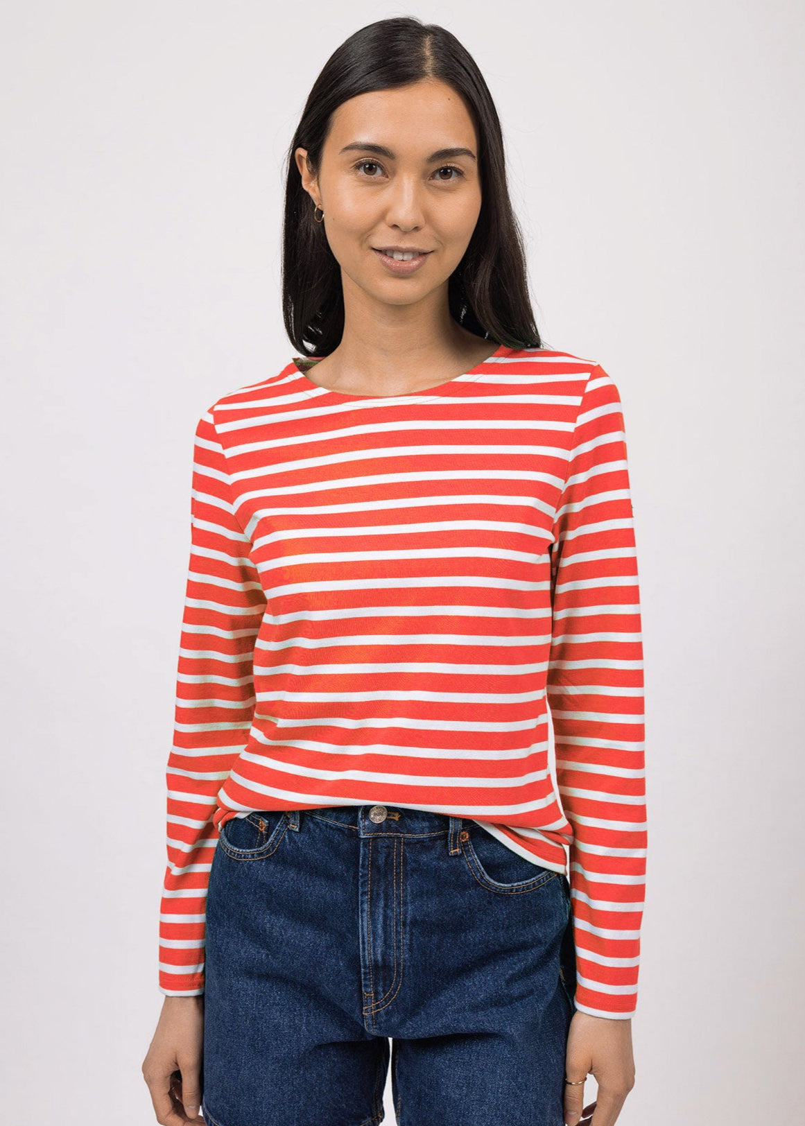 Saint James MINQUIDAME - Breton Striped Shirt with Long Sleeve | Soft Cotton | Women Fit (CORAL/ WHITE)