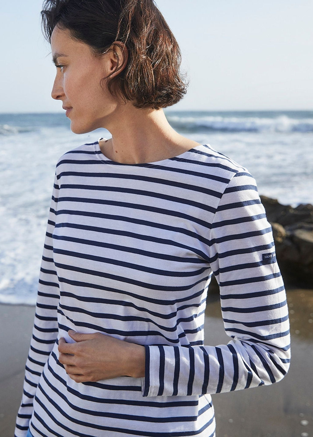 Saint James MINQUIDAME - Breton Striped Shirt with Long Sleeve | Soft Cotton | Women Fit (WHITE / NAVY)