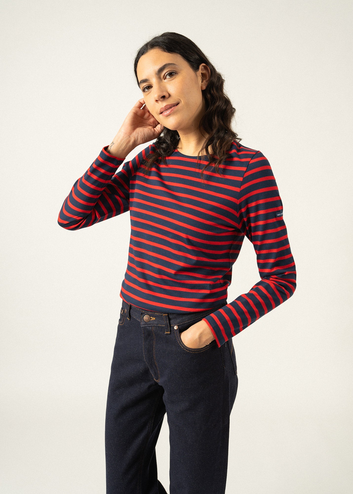 Saint James MINQUIDAME - Breton Striped Shirt with Long Sleeve | Soft Cotton | Women Fit (NAVY / RED)
