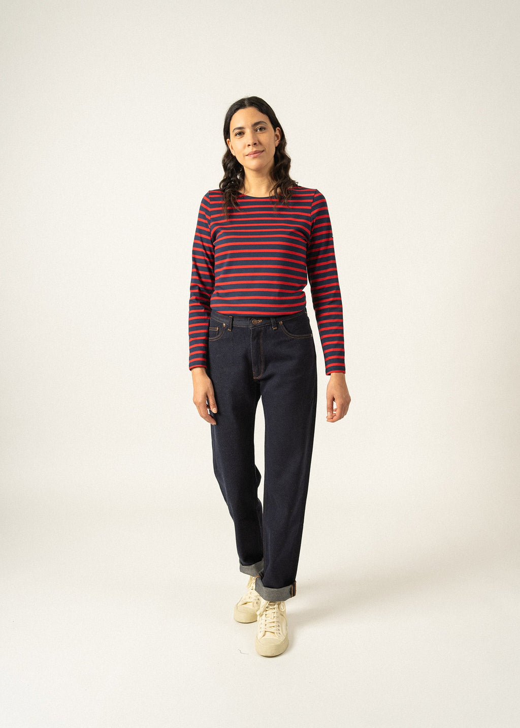 Saint James MINQUIDAME - Breton Striped Shirt with Long Sleeve | Soft Cotton | Women Fit (NAVY / RED)