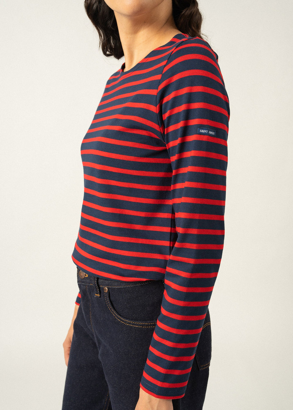 Saint James MINQUIDAME - Breton Striped Shirt with Long Sleeve | Soft Cotton | Women Fit (NAVY / RED)