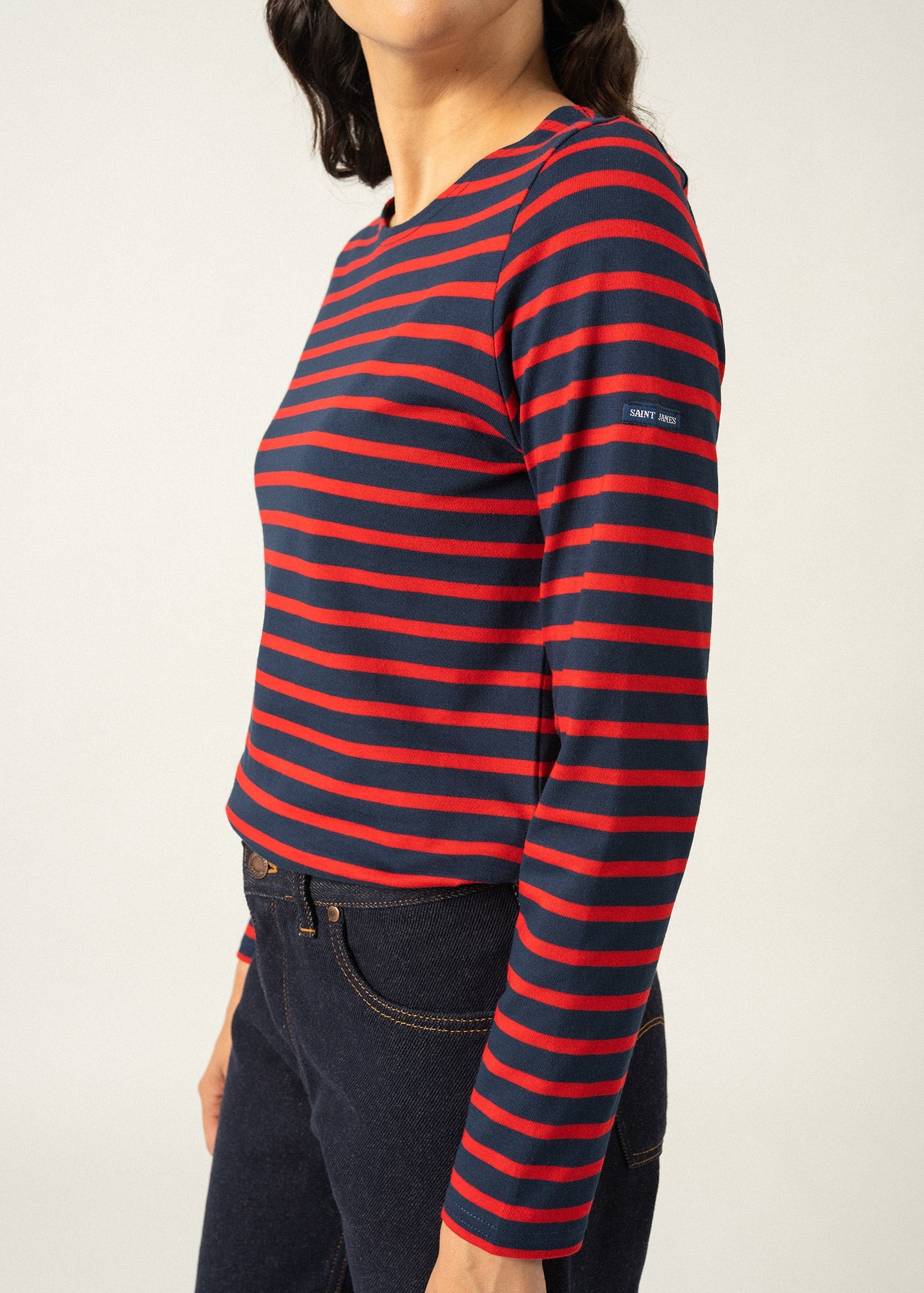 Saint James MINQUIDAME - Breton Striped Shirt with Long Sleeve | Soft Cotton | Women Fit (NAVY / RED)