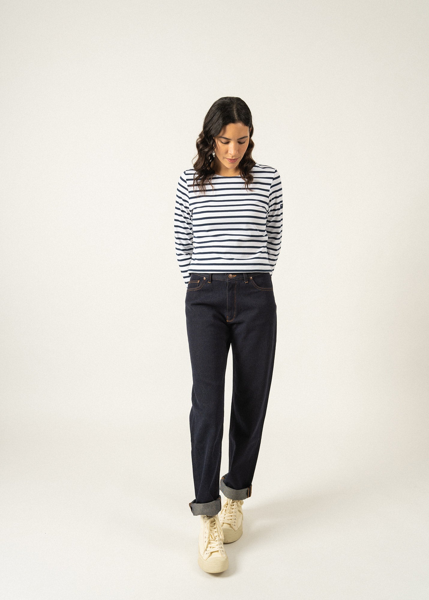Saint James MINQUIDAME - Breton Striped Shirt with Long Sleeve | Soft Cotton | Women Fit (WHITE / NAVY)