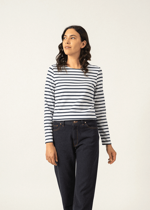 Saint James MINQUIDAME - Breton Striped Shirt with Long Sleeve | Soft Cotton | Women Fit (WHITE / NAVY)