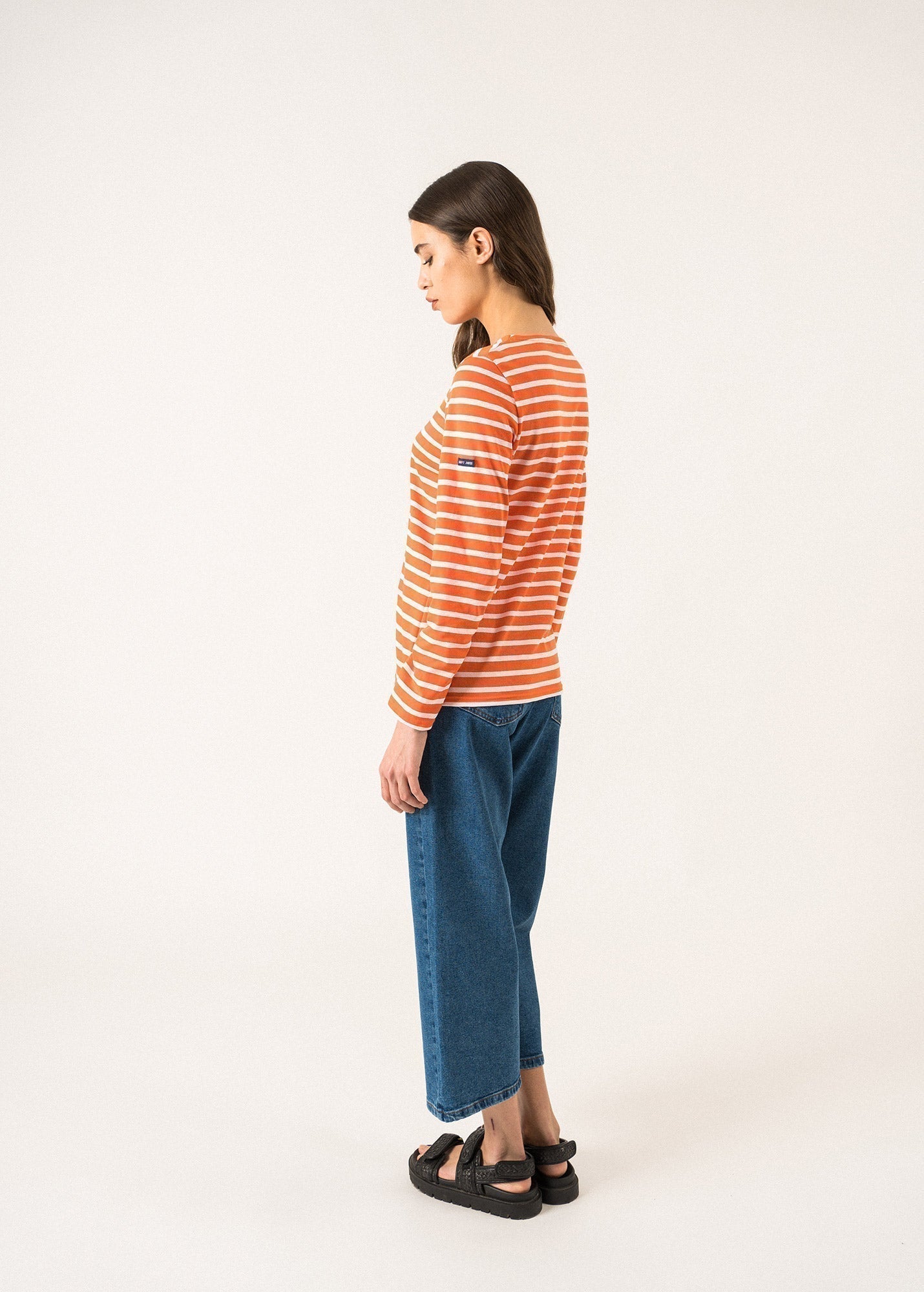 Saint James Minquidame Breton Striped Shirt With Long Sleeve Soft Cotton Women Fit Orange White