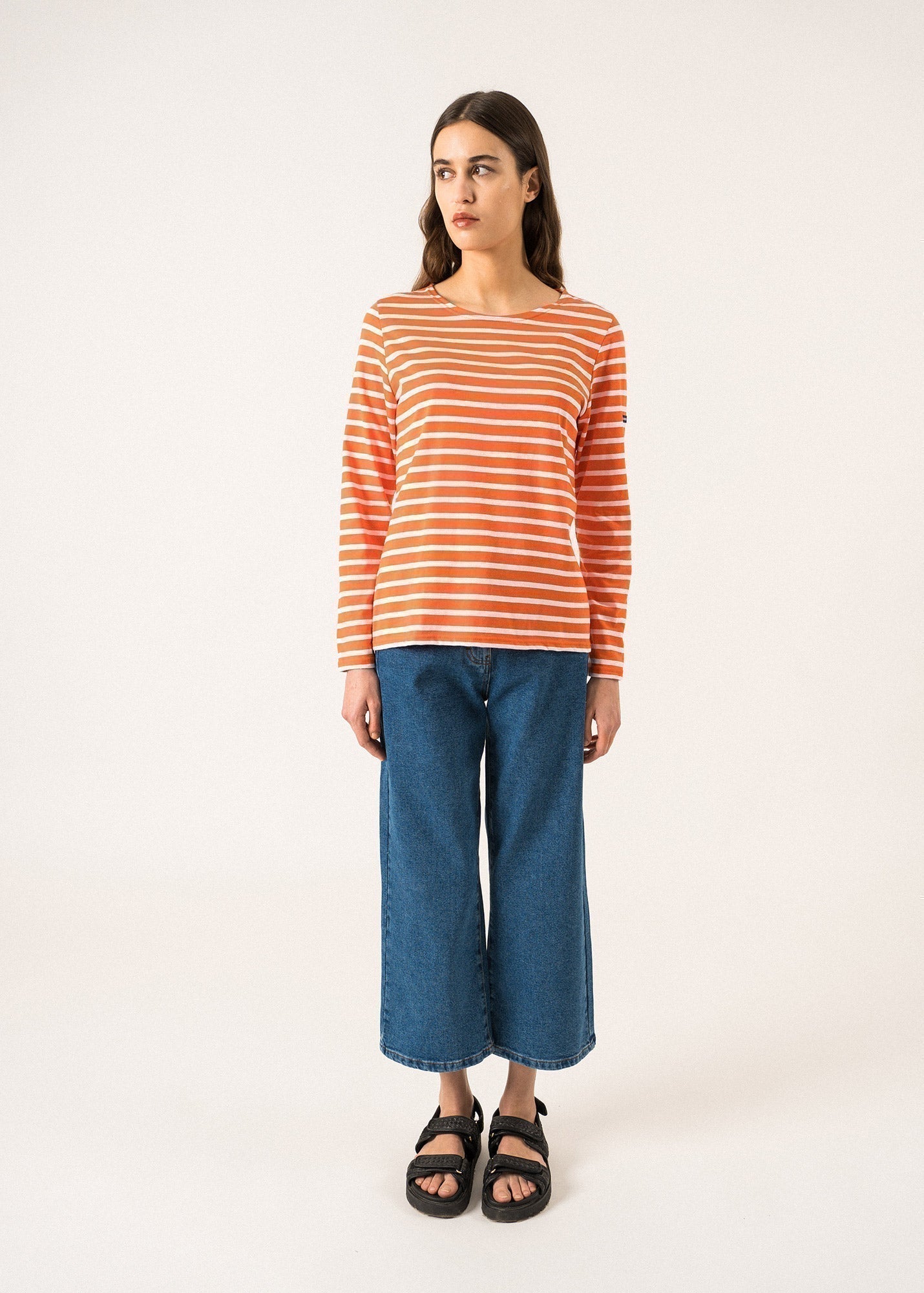 Saint James Minquidame Breton Striped Shirt With Long Sleeve Soft Cotton Women Fit Orange White