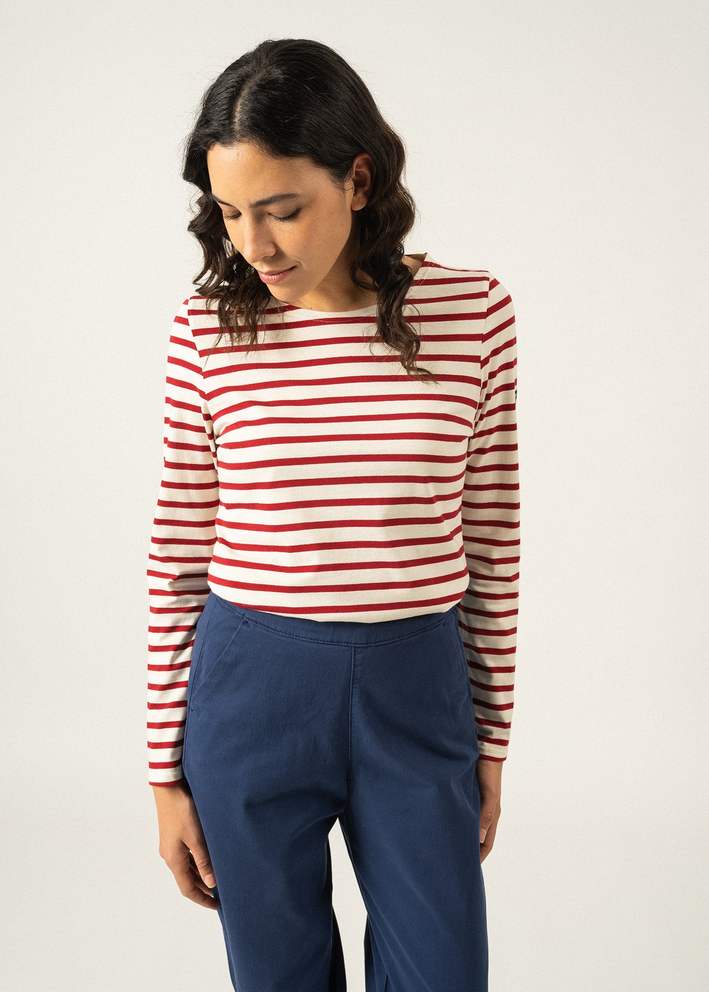 Saint James MINQUIDAME - Breton Striped Shirt with Long Sleeve | Soft Cotton | Women Fit (ECRU / MAROON)