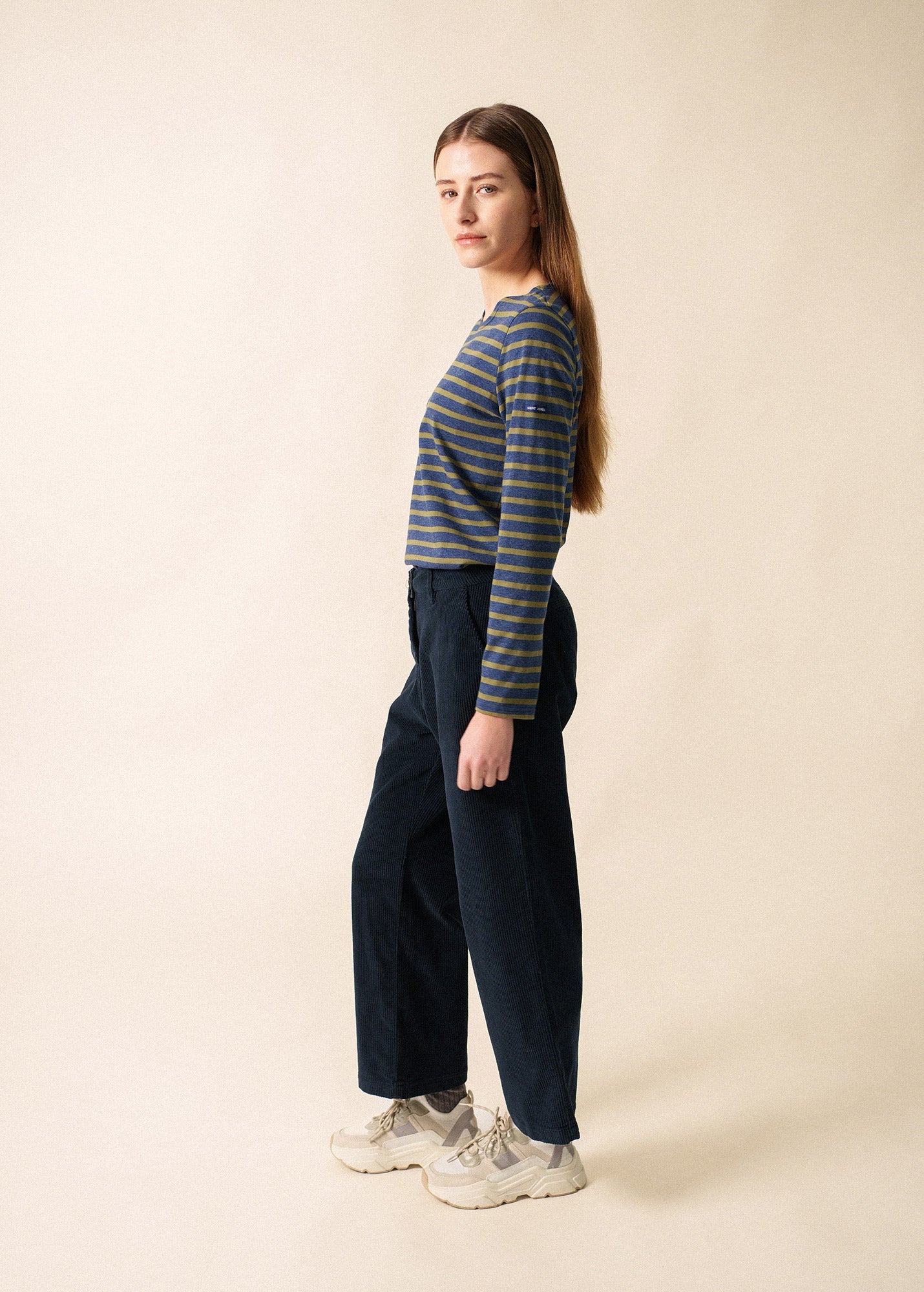 Saint James MINQUIDAME - Breton Striped Shirt with Long Sleeve | Soft Cotton | Women Fit (DENIM BLUE / OLIVE GREEN)