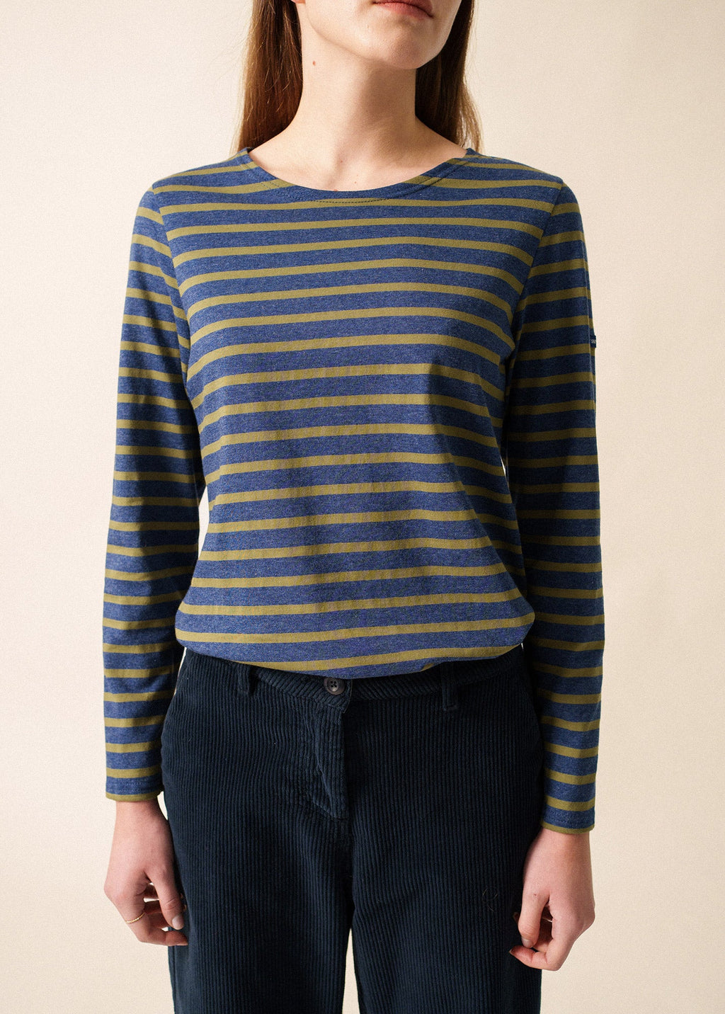 Saint James MINQUIDAME - Breton Striped Shirt with Long Sleeve | Soft Cotton | Women Fit (DENIM BLUE / OLIVE GREEN)