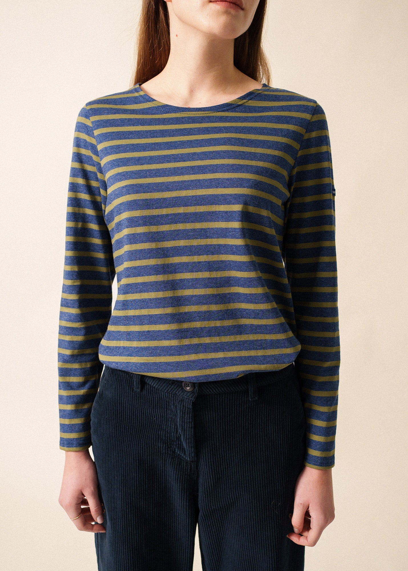 Saint James MINQUIDAME - Breton Striped Shirt with Long Sleeve | Soft Cotton | Women Fit (DENIM BLUE / OLIVE GREEN)