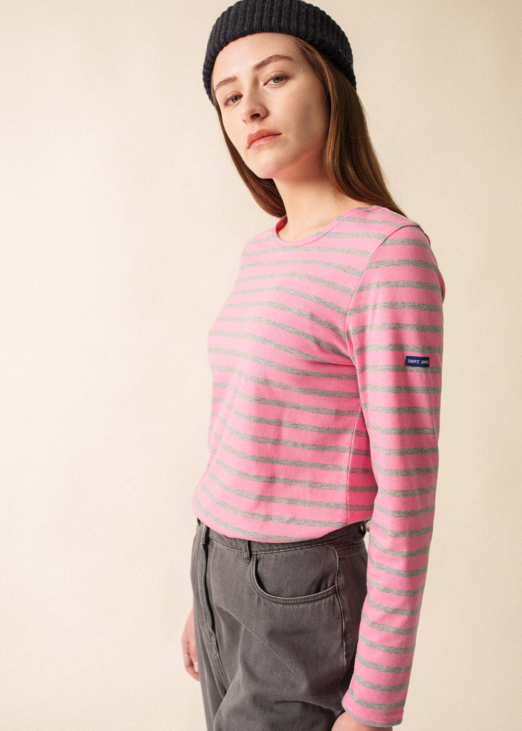 Saint James MINQUIDAME - Breton Striped Shirt with Long Sleeve | Soft Cotton | Women Fit (BRIGHT PINK / GRAY)