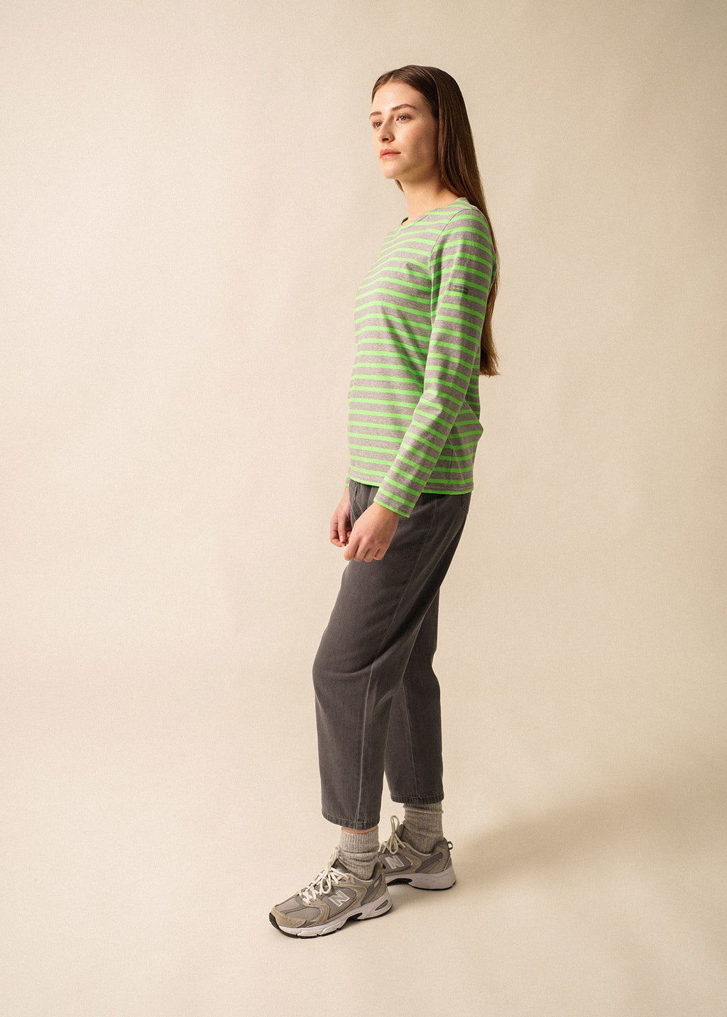 Saint James MINQUIDAME - Breton Striped Shirt with Long Sleeve | Soft Cotton | Women Fit (GRAY / NEON GREEN)