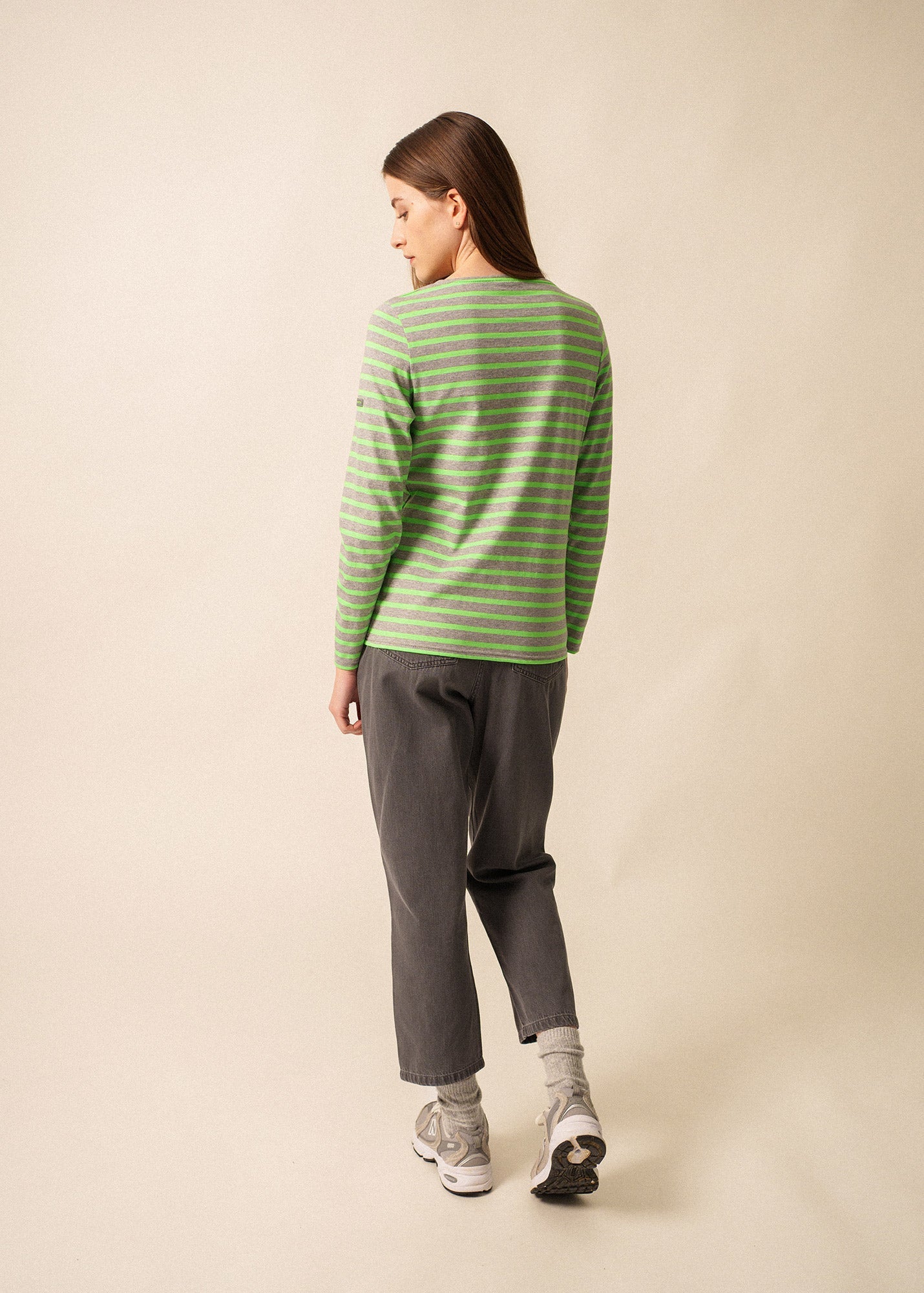 Saint James MINQUIDAME - Breton Striped Shirt with Long Sleeve | Soft Cotton | Women Fit (GRAY / NEON GREEN)