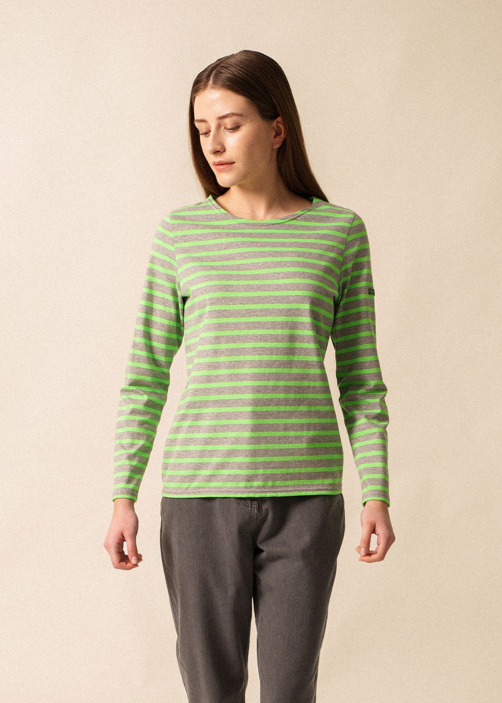 Saint James MINQUIDAME - Breton Striped Shirt with Long Sleeve | Soft Cotton | Women Fit (GRAY / NEON GREEN)