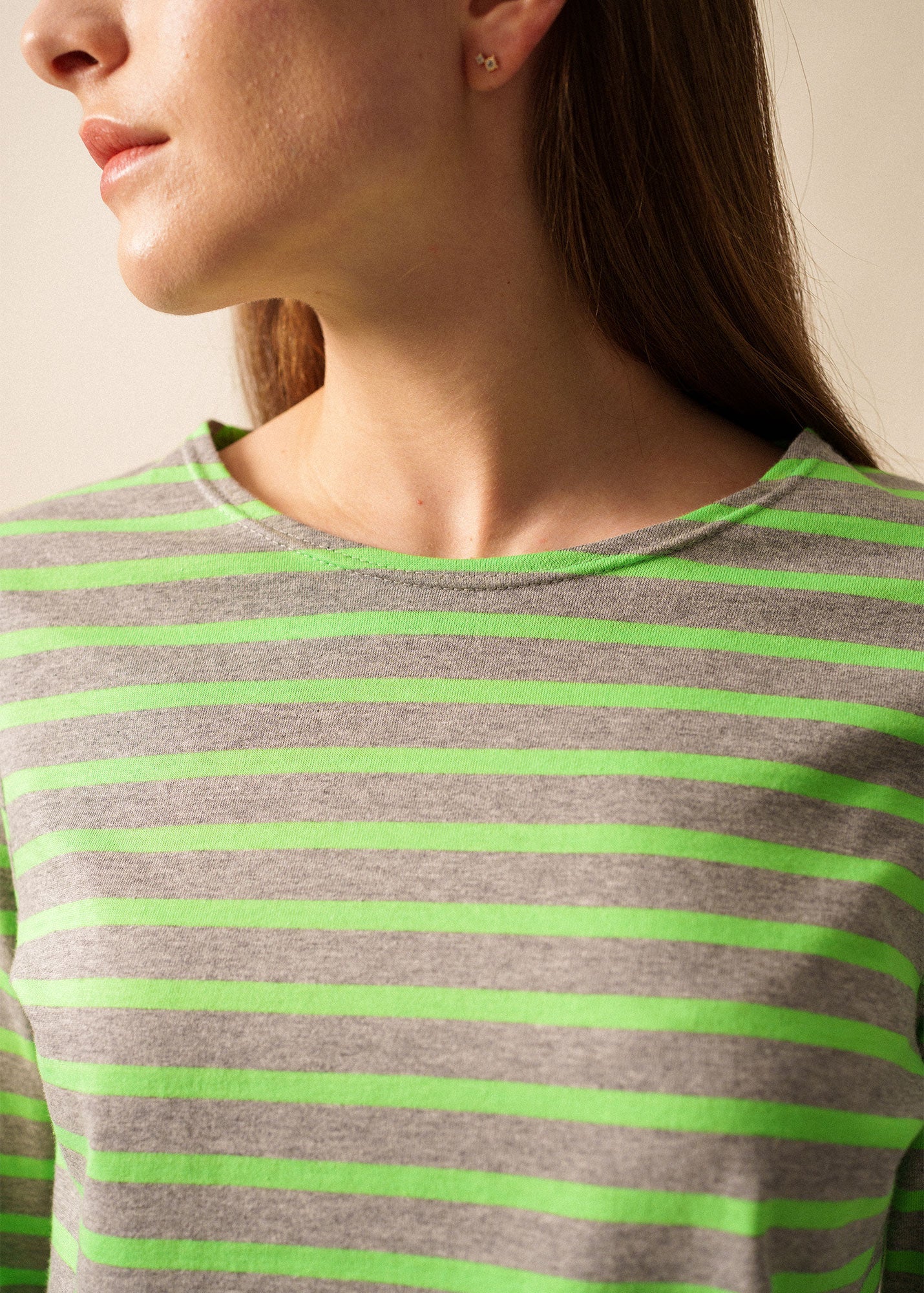 Saint James MINQUIDAME - Breton Striped Shirt with Long Sleeve | Soft Cotton | Women Fit (GRAY / NEON GREEN)