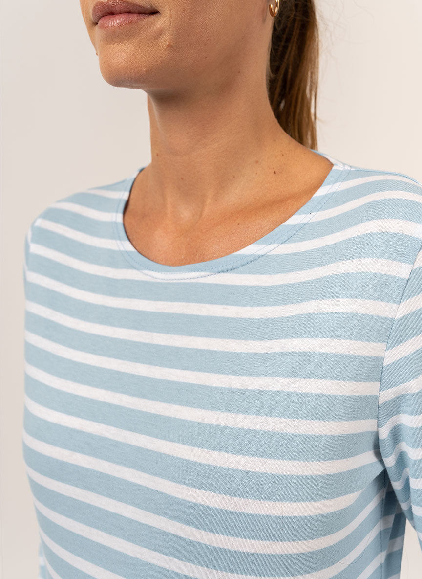 Saint James MINQUIDAME - Breton Striped Shirt with Long Sleeve | Soft Cotton | Women Fit (ICY BLUE MELANGE / WHITE)