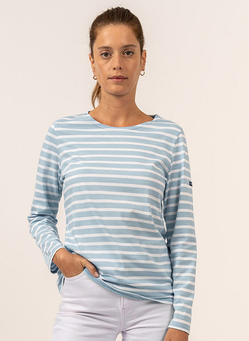 Saint James MINQUIDAME - Breton Striped Shirt with Long Sleeve | Soft Cotton | Women Fit (ICY BLUE MELANGE / WHITE)