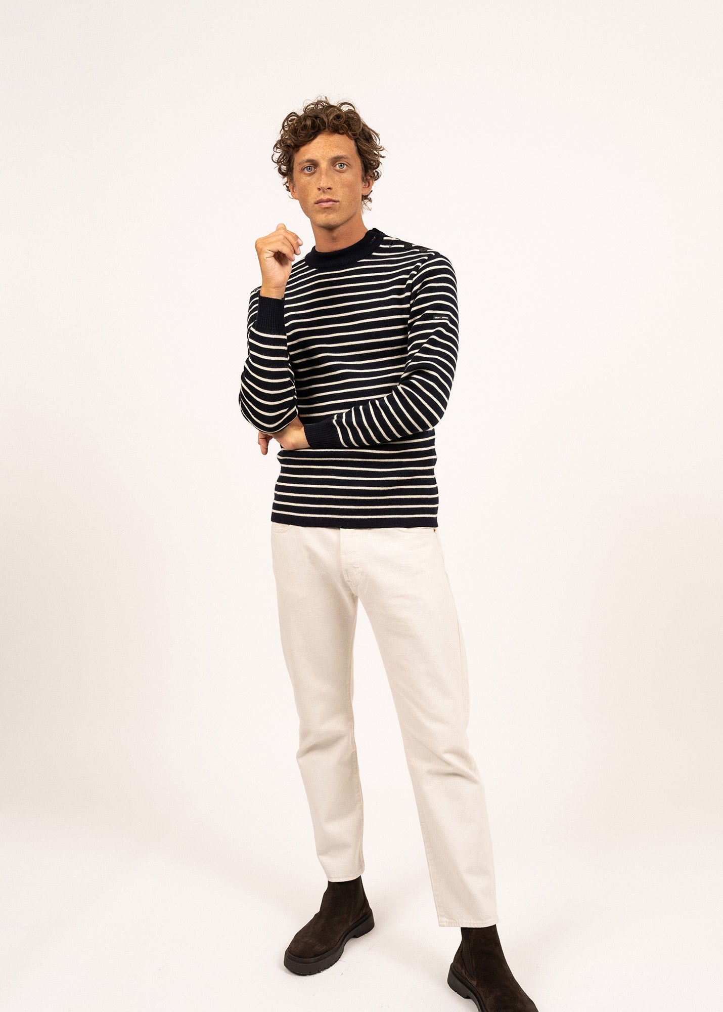 Saint James Matelot Authentic Striped Wool Fisherman Sweater With Button Shoulder Slim Fit Navy Ecru