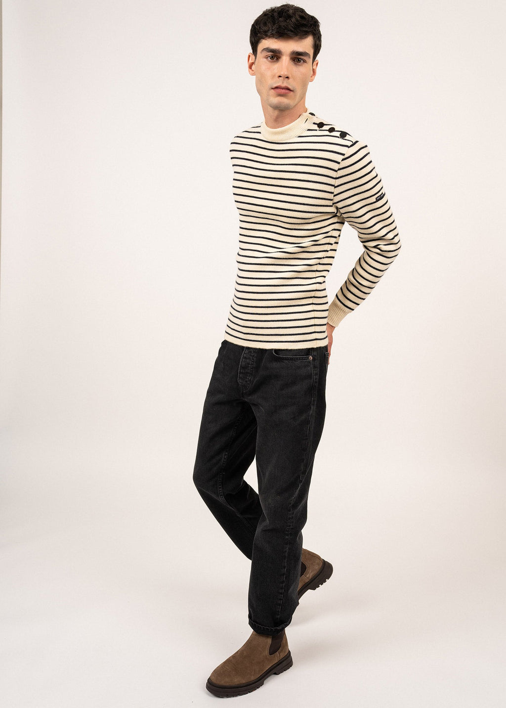 Saint James MATELOT - Authentic Striped Wool Fisherman Sweater with Button Shoulder |Slim Fit (ECRU / NAVY)