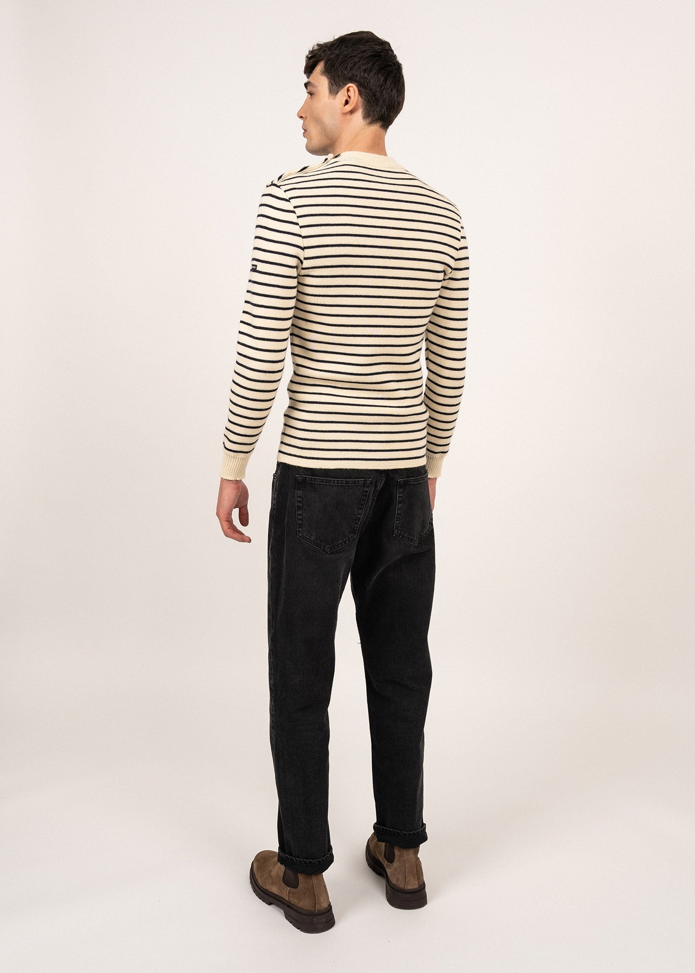 Saint James MATELOT - Authentic Striped Wool Fisherman Sweater with Button Shoulder |Slim Fit (ECRU / NAVY)