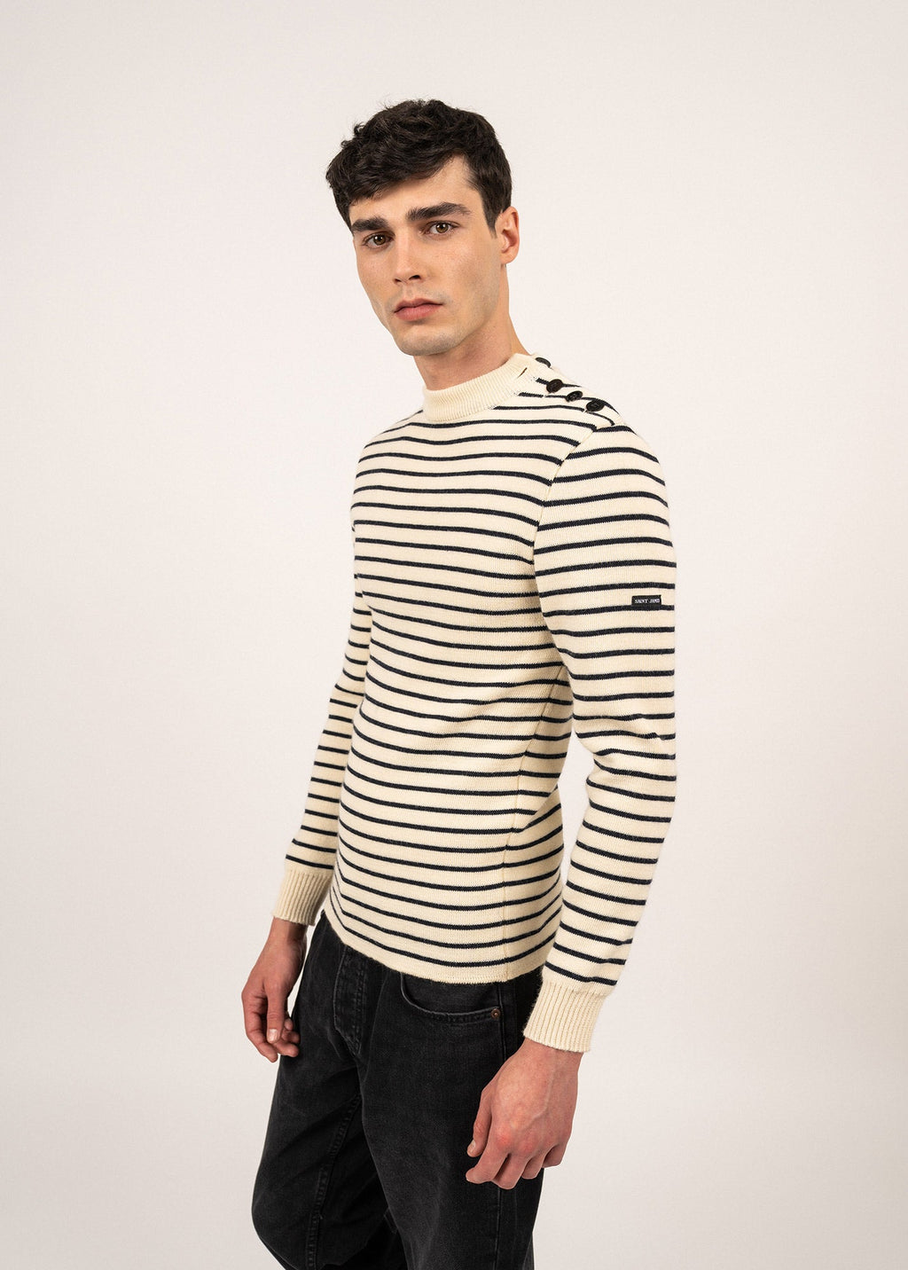 Saint James MATELOT - Authentic Striped Wool Fisherman Sweater with Button Shoulder |Slim Fit (ECRU / NAVY)