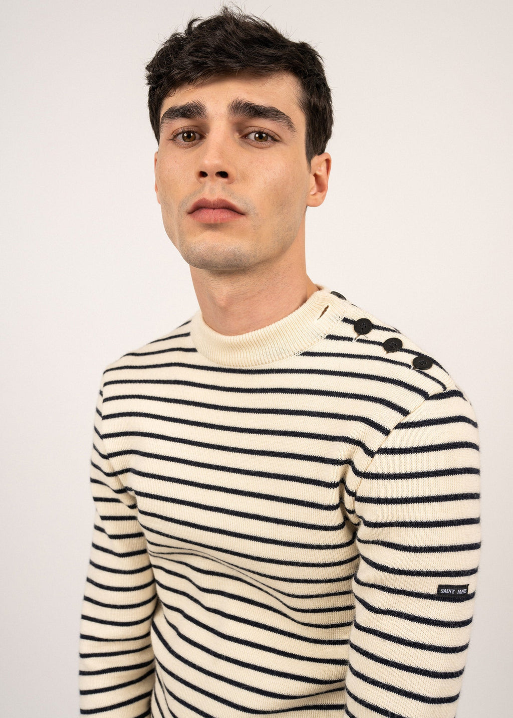 Saint James MATELOT - Authentic Striped Wool Fisherman Sweater with Button Shoulder |Slim Fit (ECRU / NAVY)