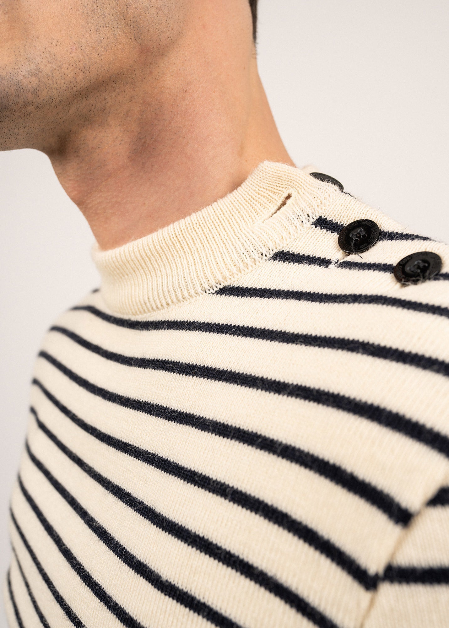 Saint James MATELOT - Authentic Striped Wool Fisherman Sweater with Button Shoulder |Slim Fit (ECRU / NAVY)