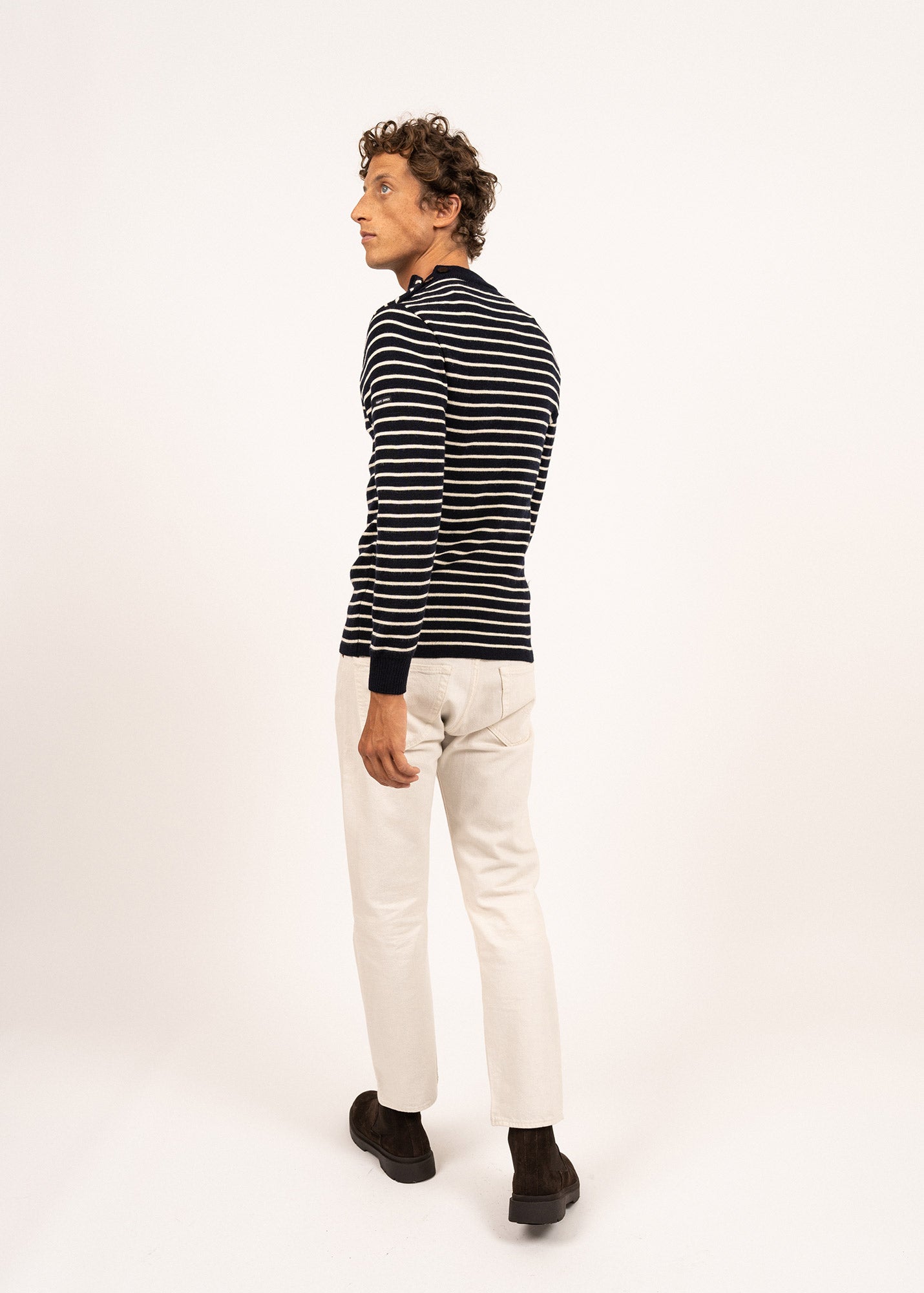 Saint James MATELOT - Authentic Striped Wool Fisherman Sweater with Button Shoulder |Slim Fit (NAVY / ECRU)
