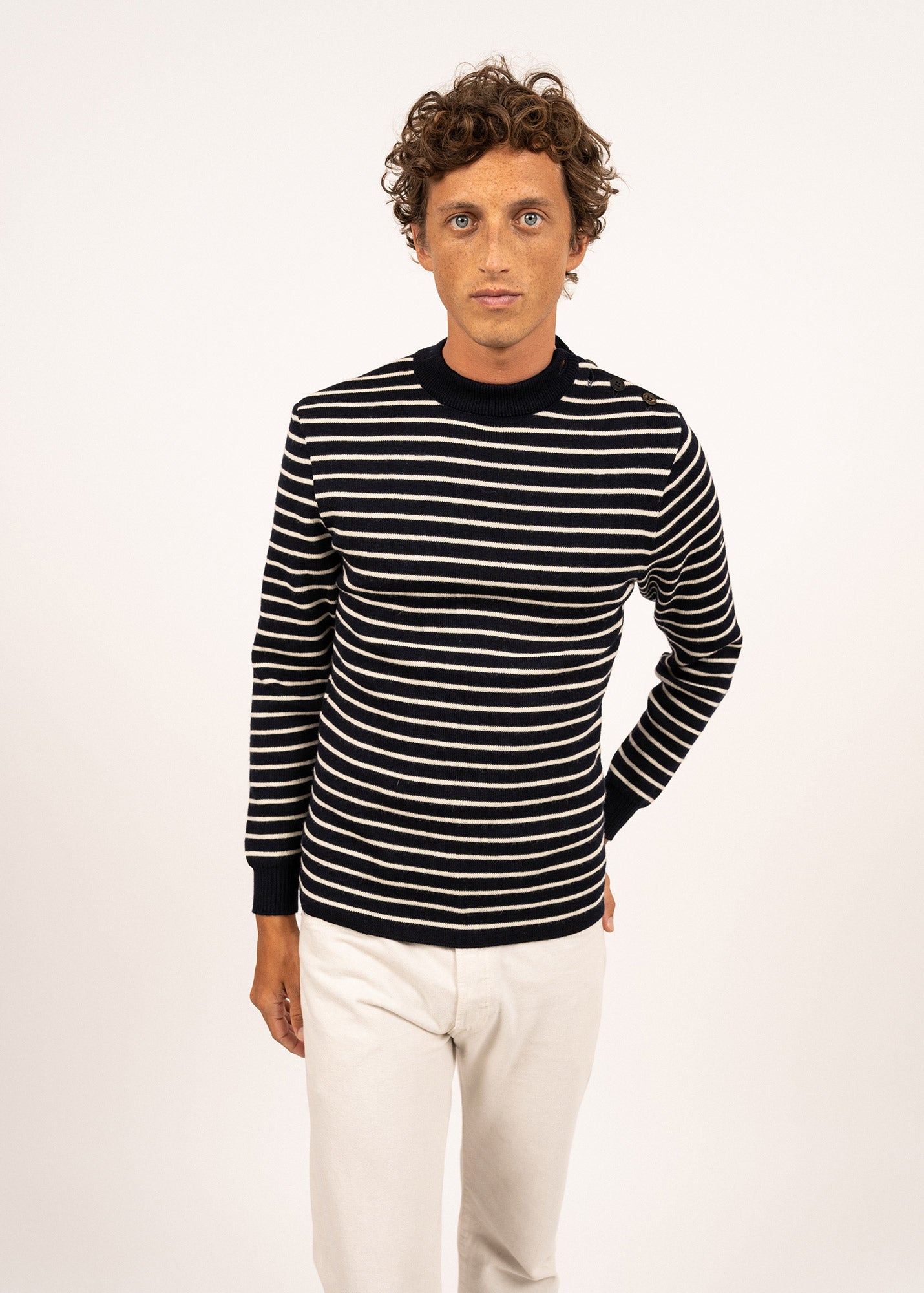 Saint James MATELOT - Authentic Striped Wool Fisherman Sweater with Button Shoulder |Slim Fit (NAVY / ECRU)