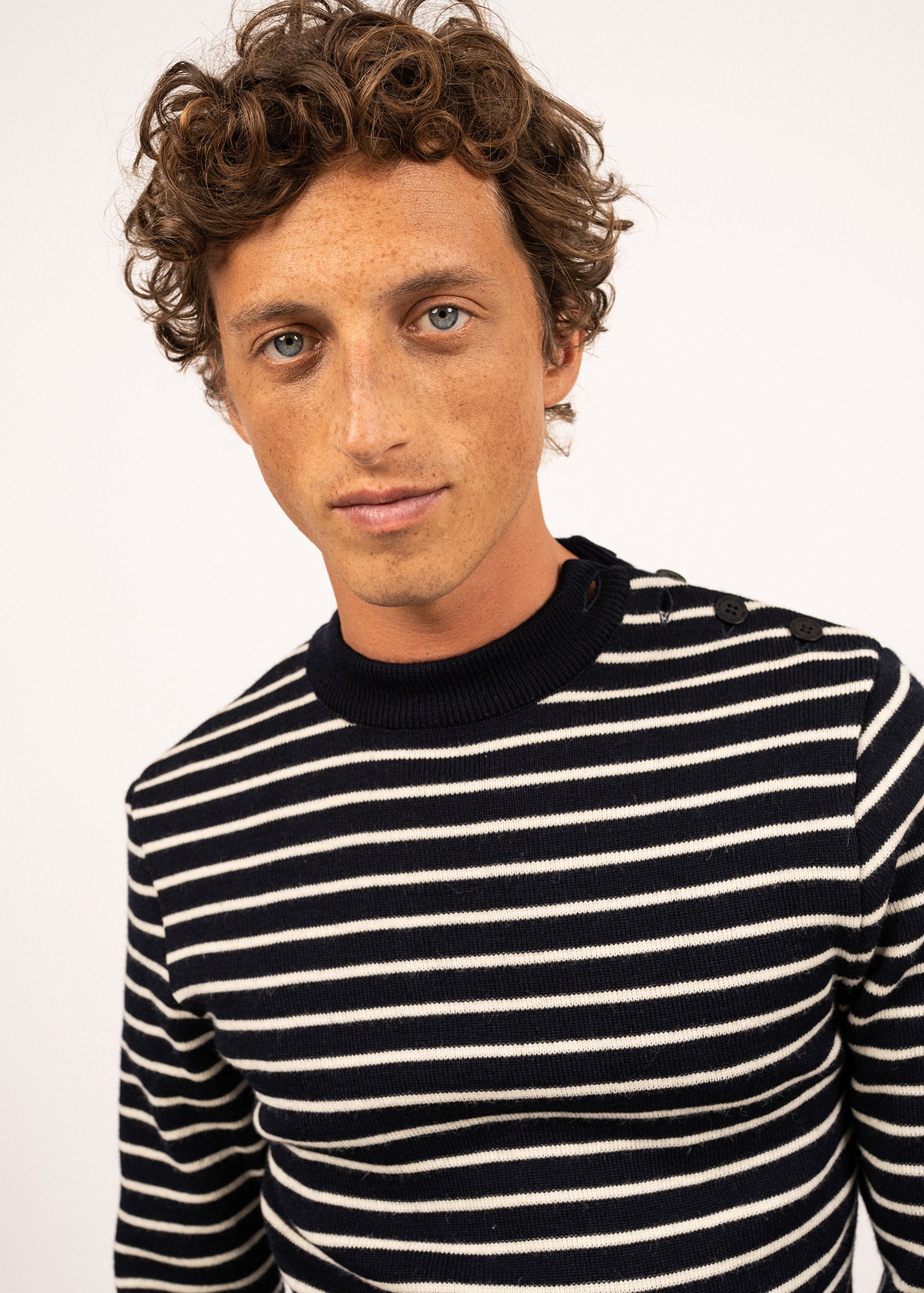 Saint James MATELOT - Authentic Striped Wool Fisherman Sweater with Button Shoulder |Slim Fit  (NAVY / ECRU)