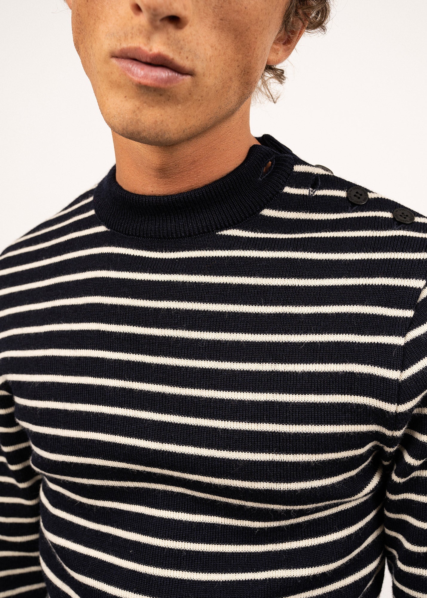 Saint James MATELOT - Authentic Striped Wool Fisherman Sweater with Button Shoulder |Slim Fit  (NAVY / ECRU)