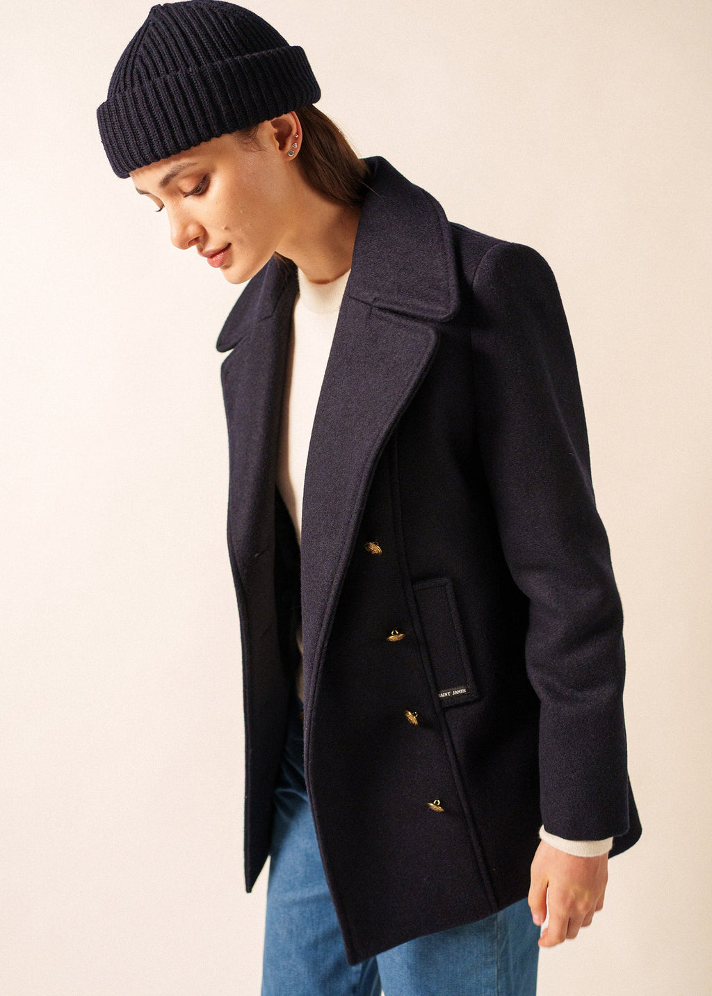 Saint James MIKI MAILLE - Short Ribbed Knit Fisherman Beanie (NAVY)