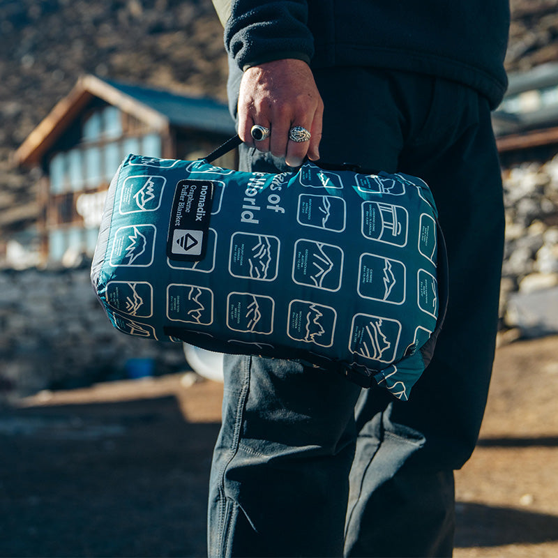 Nomadix Graphene Puffer Blanket: Peaks of the World Teal Ocean