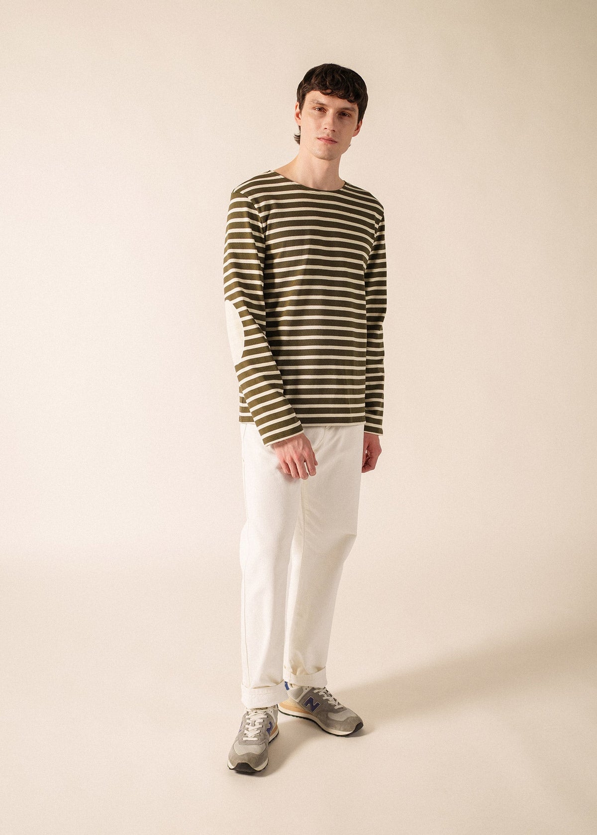 Saint James MERIDIEN Elbow Patch Breton Shirt (MOSS GREEN / ECRU / ECRU)