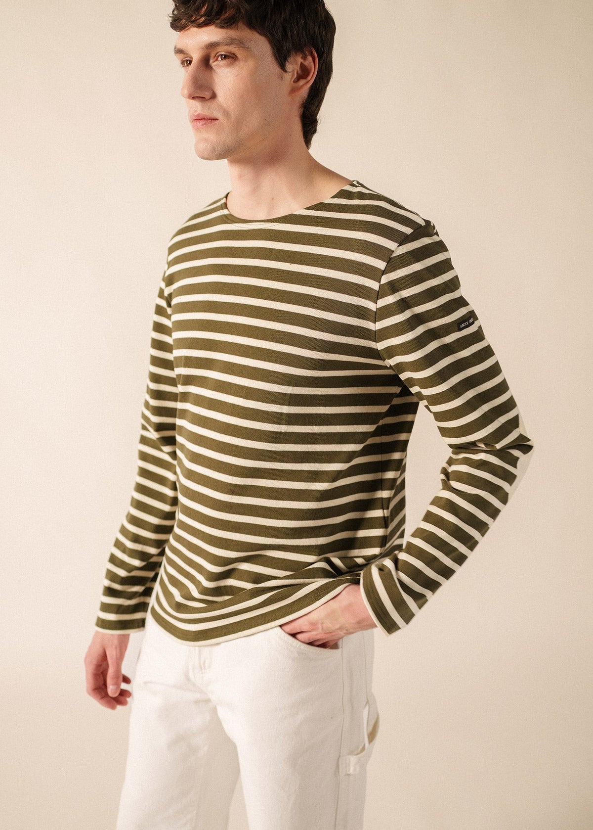 Saint James MERIDIEN Elbow Patch Breton Shirt (MOSS GREEN / ECRU / ECRU)