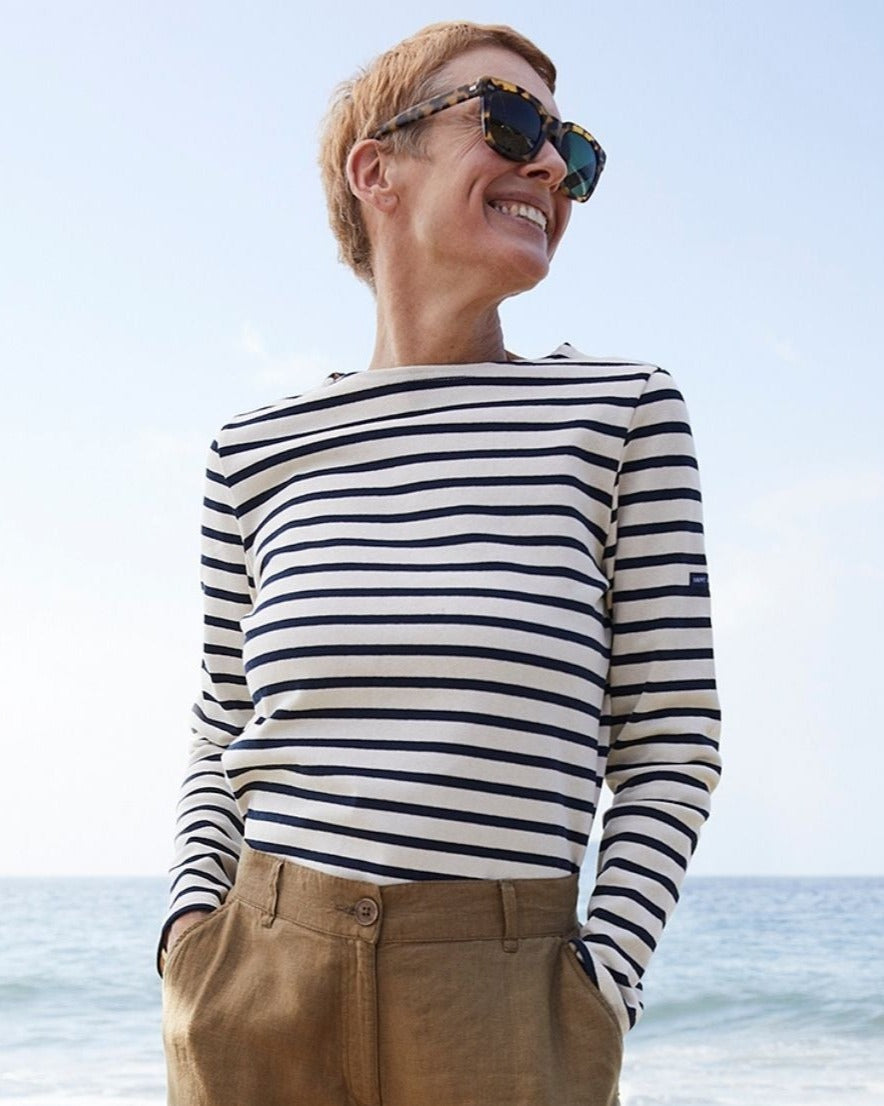 Saint James MINQUIERS MODERN - Authentic Breton Stripe Shirt | Soft Cotton | Men Fit (ECRU / NAVY)